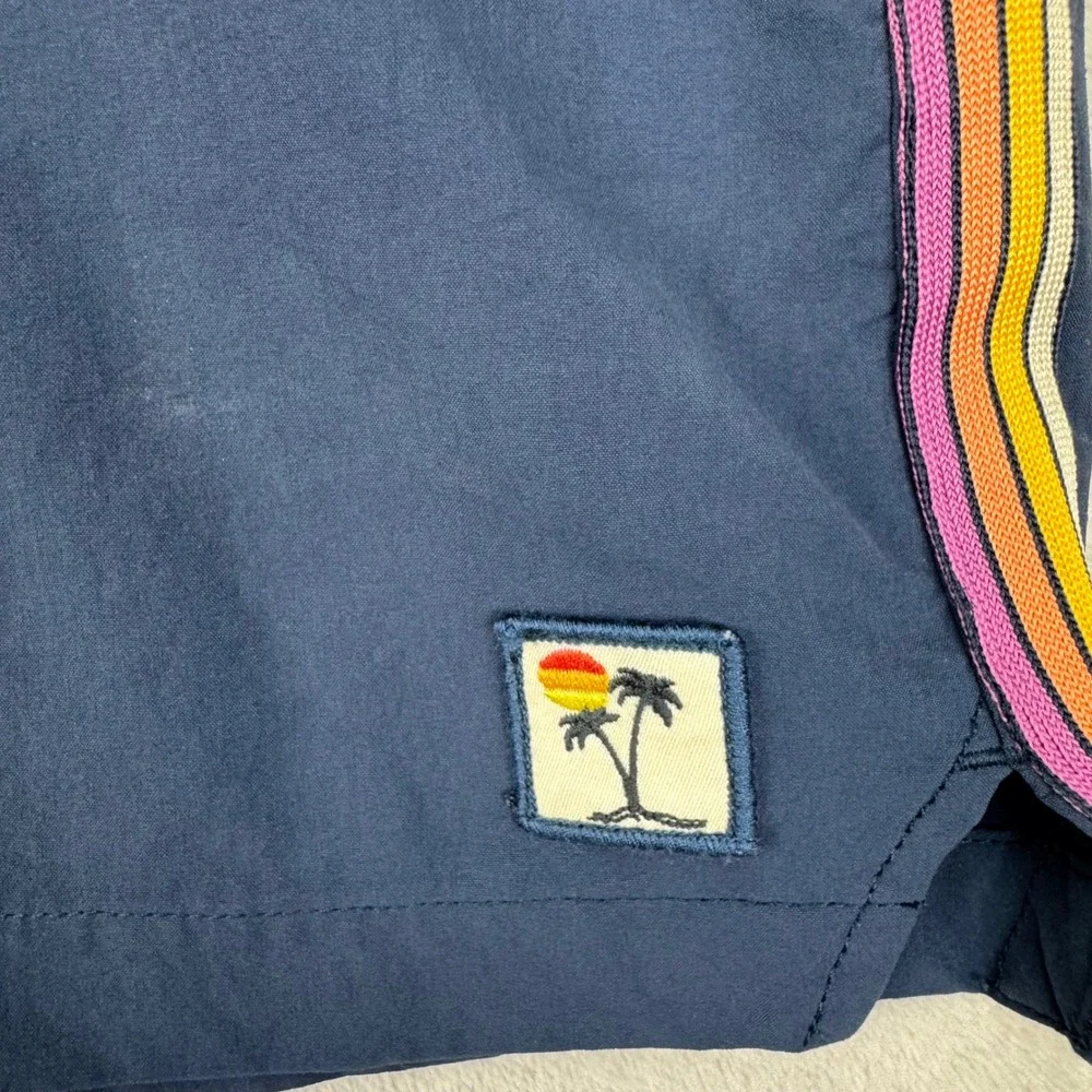 Marine Layer Mens Navy Rainbow Stripe Swim Trunks Palm Tree Patch L Surf Travel